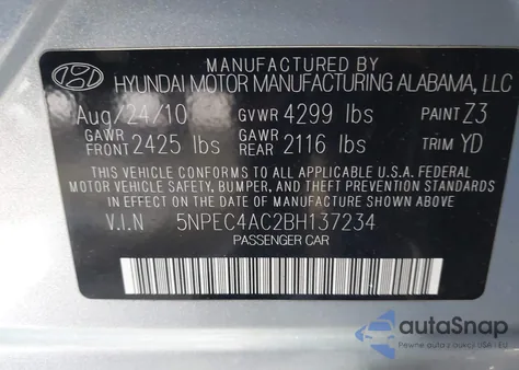 2011 Hyundai Sonata Limited z USA, uszkodzony, nr VIN 5NPEC4AC2BH137234